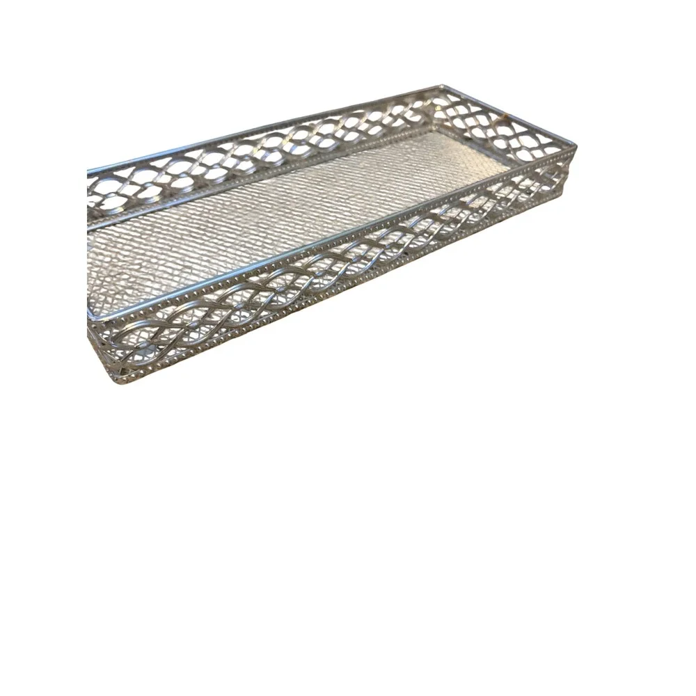 Vintage Silver Tone Mesh Vanity Tray Rectangular Filigree Lattice Organizer